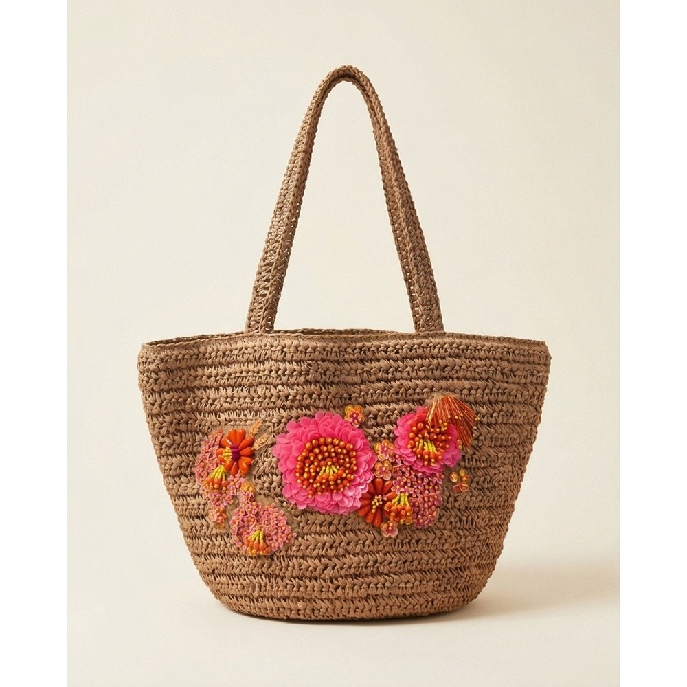 New Anthropologie Handcrafted Woven Straw Floral Beaded Sequin Tote Bag Tan Pink